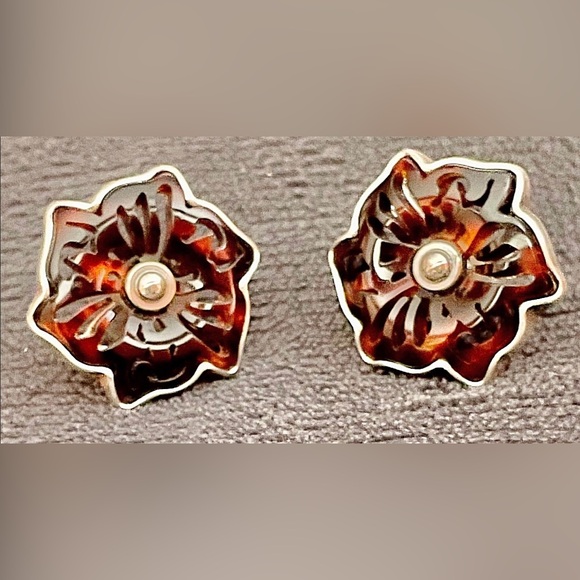 Brighton Jewelry - Vintage Brighton carved tortoise shell flower shaped earrings shadow garden